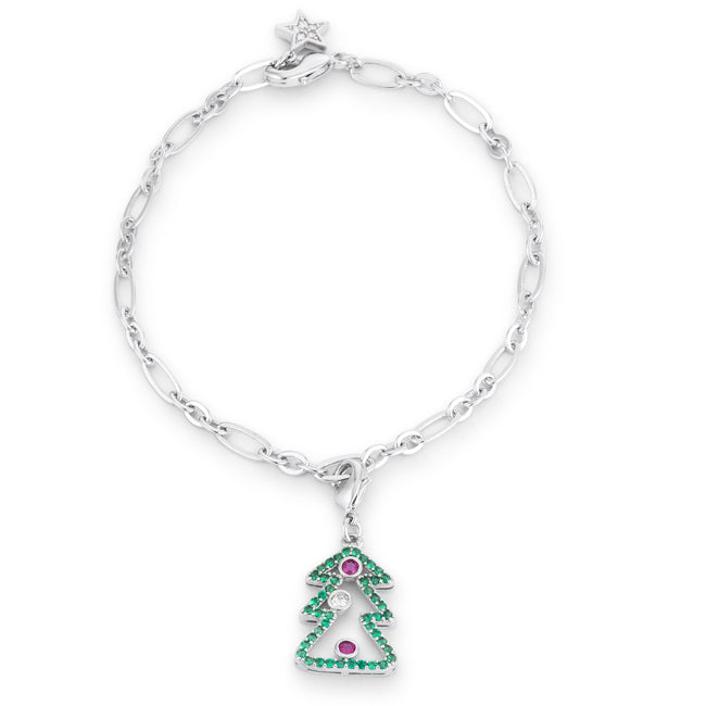 Christmas Tree 0.35ct CZ Rhodium Holiday Charm Bracelet