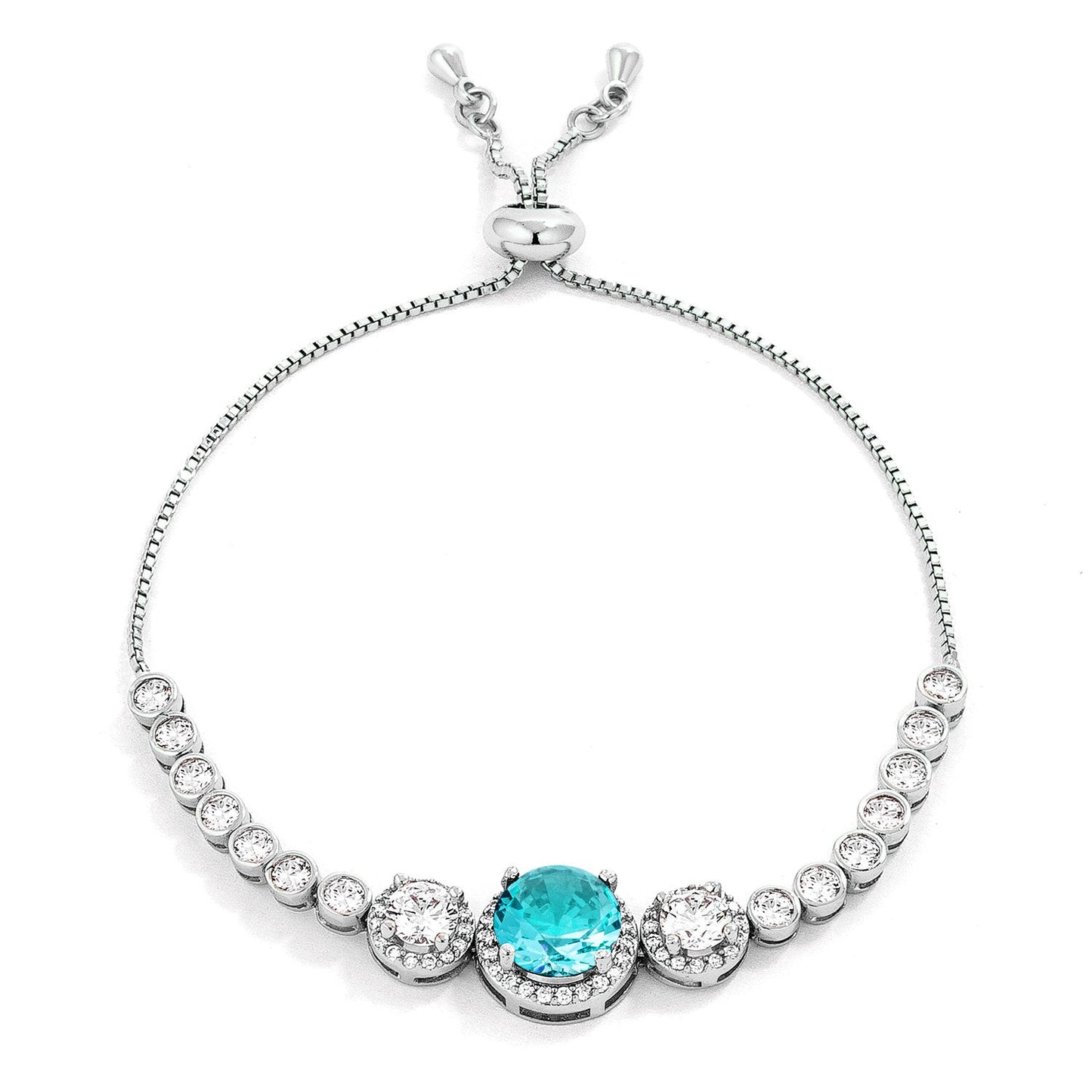 Adjustable Rhodium Plated Graduated Aqua CZ Bolo Style Tennis Bracelet