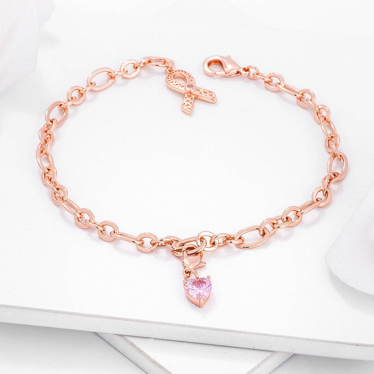 Ribbon and Heart Charm Bracelet ( Breast Cancer Awareness Edition)