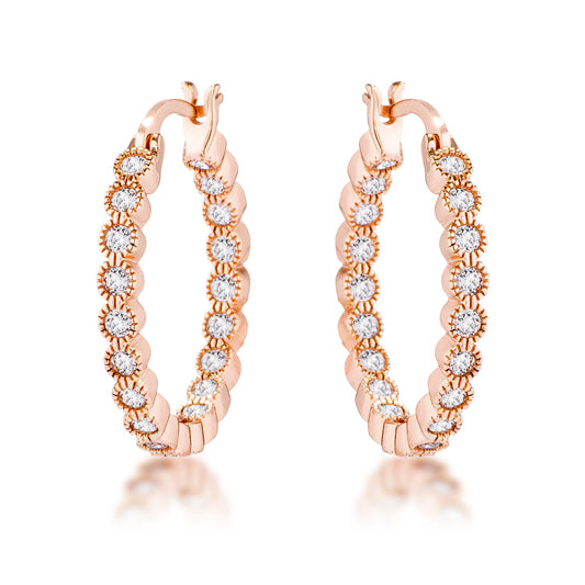 Rose Gold Plated Dotted Clear CZ Round Bezel Hoop Earrings