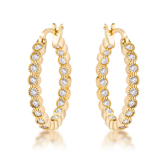 Gold Plated Dotted Clear CZ Round Bezel Hoop Earrings