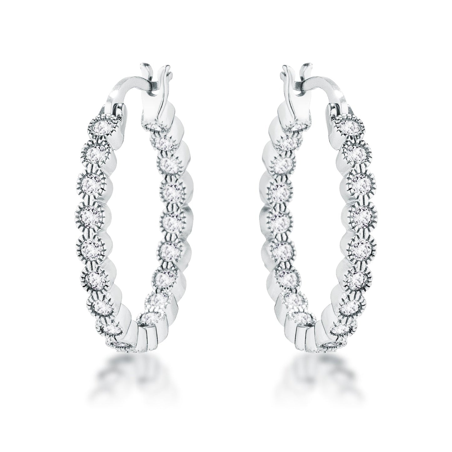 Rhodium Plated Dotted Clear CZ Round Bezel Hoop Earrings