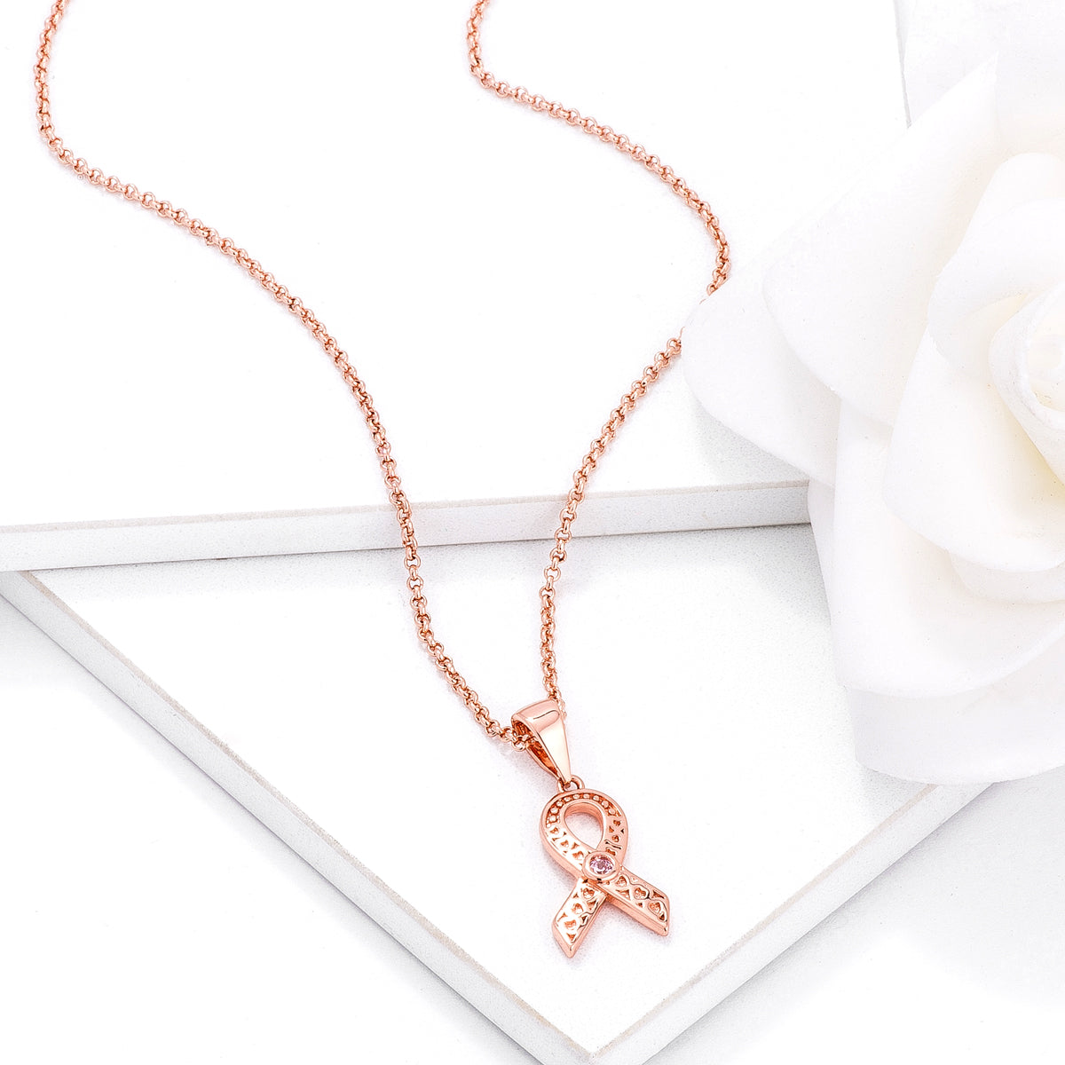 Heart Filigree Breast Cancer Awareness Ribbon Necklace | Rose Gold