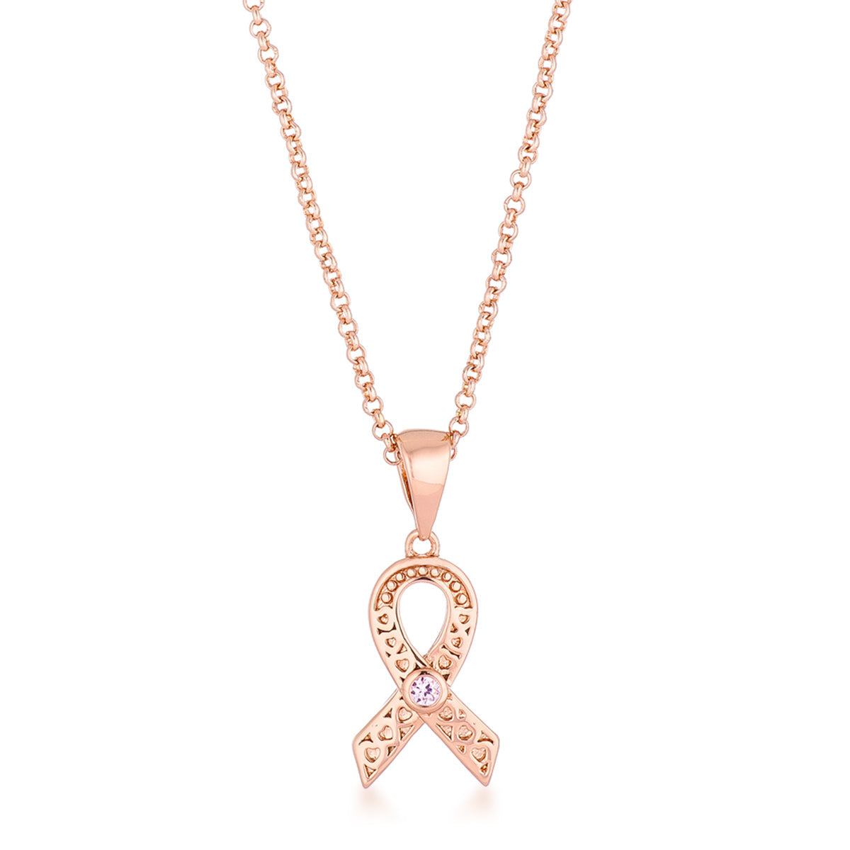 Heart Filigree Breast Cancer Awareness Ribbon Necklace | Rose Gold