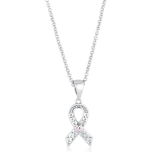 Rhodium Plated Heart Filigree Breast Cancer Awareness Ribbon Pendant