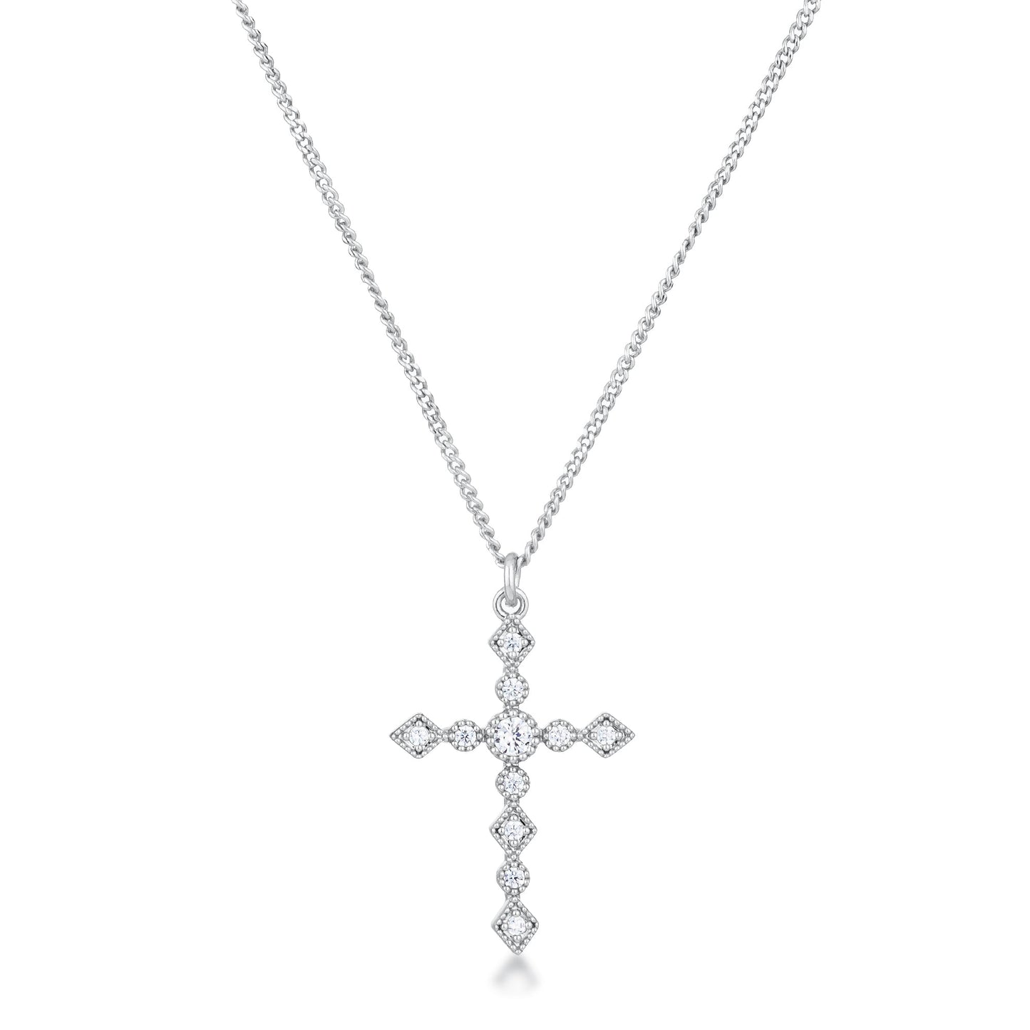 Dainty Art Deco Rhodium Plated Clear CZ Cross Pendant