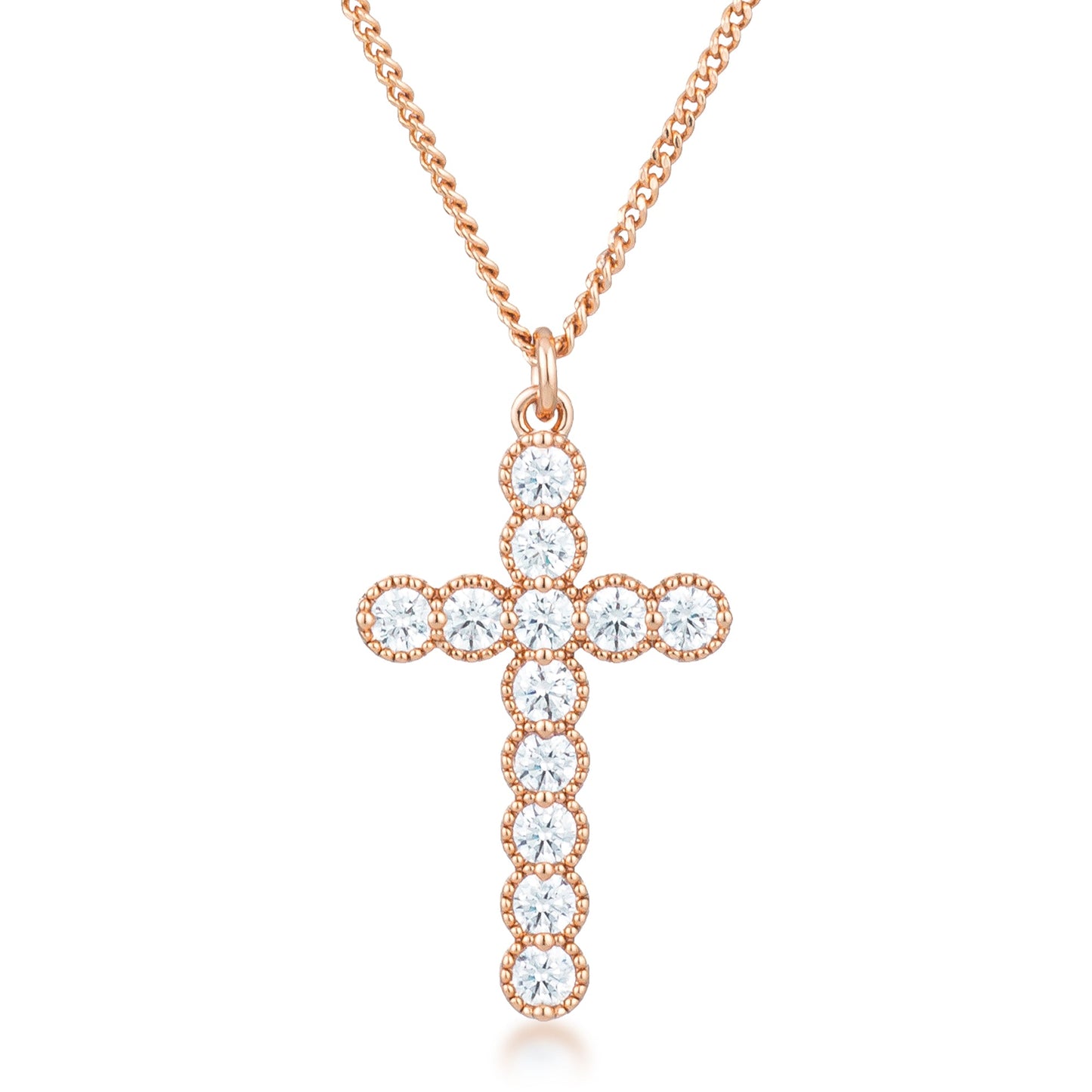 Micro Beaded Rose Gold Plated Clear CZ Cross Pendant