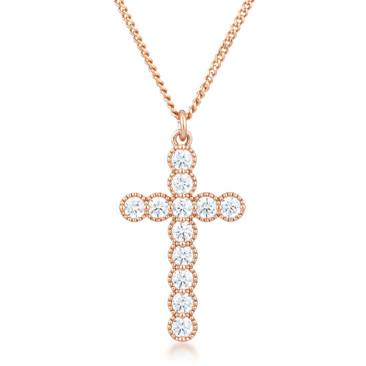 Micro Beaded Rose Gold Plated Clear CZ Cross Pendant