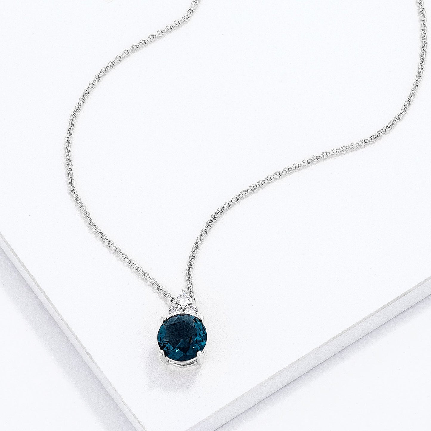 Simple Rhodium Plated 9mm Blue Green CZ Pendant