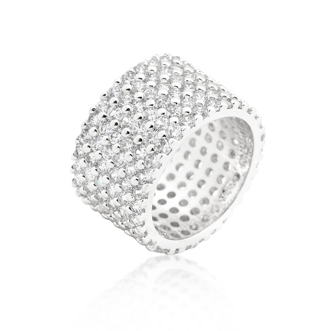 Rhodium Plated Finishd Wide Pave Cubic Zirconia Ring